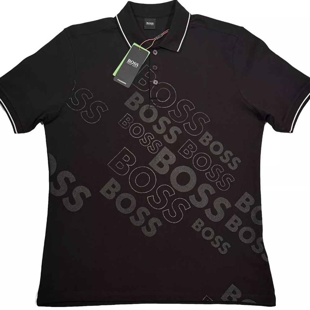 NEW HUGO BOSS POLO SHIRT L SLIM FIT 3 BUTTON PIMA COTTON BLACK WORDMARK